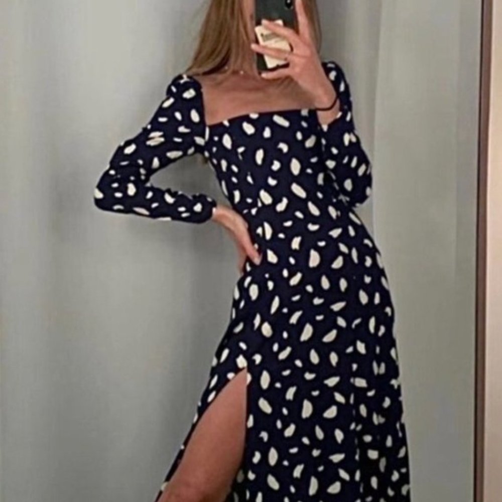 Reformation Navy and White Midi Dress